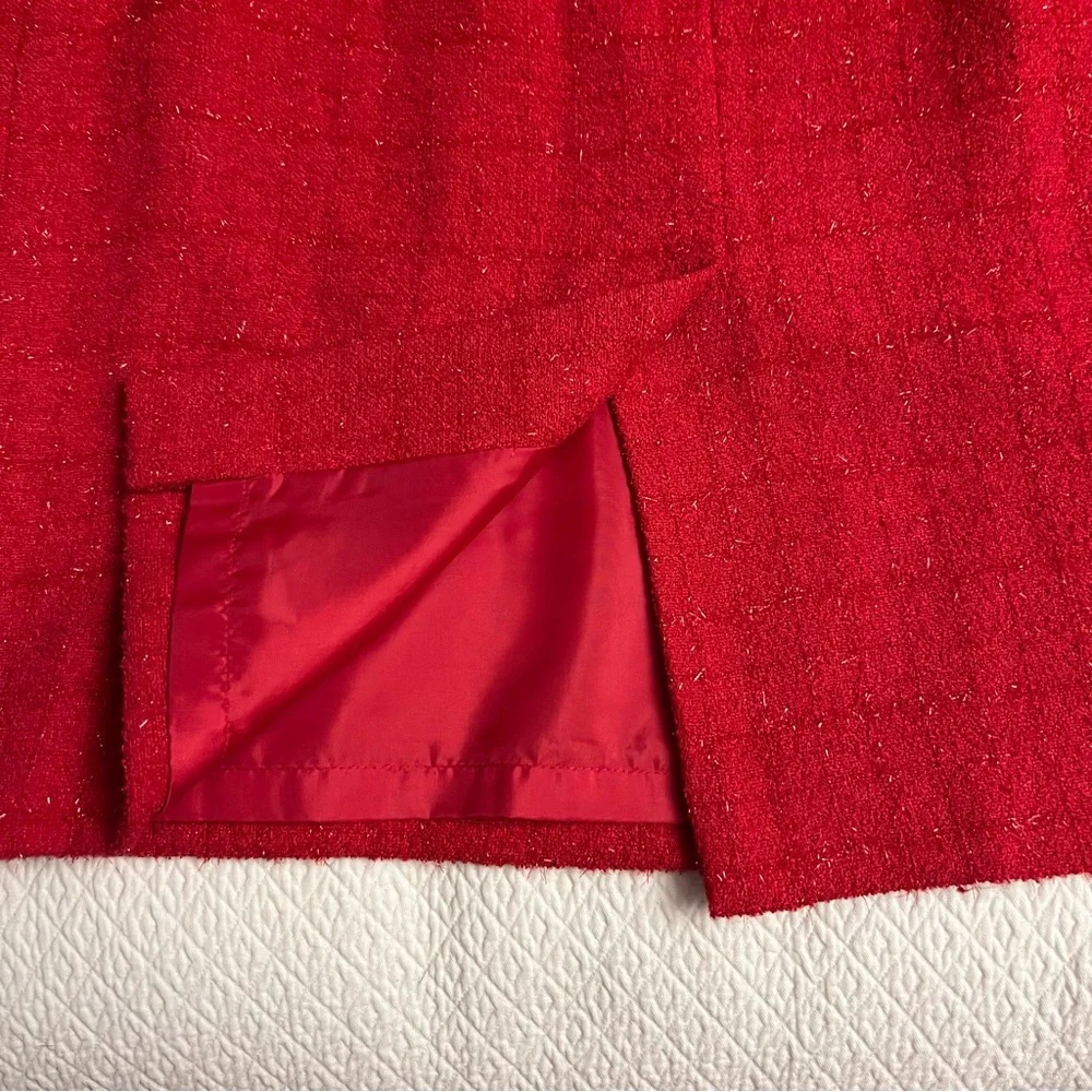 KASPER Red Sparkle Tweed Plaid Petite Skirt Suit